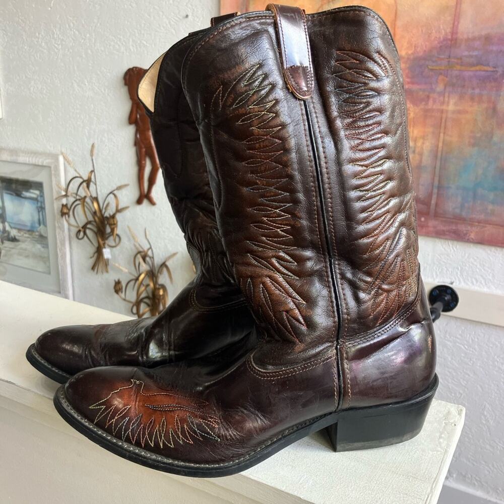 Men's Brown Leather Cowboy Falcon Stitch Boots Sz 13